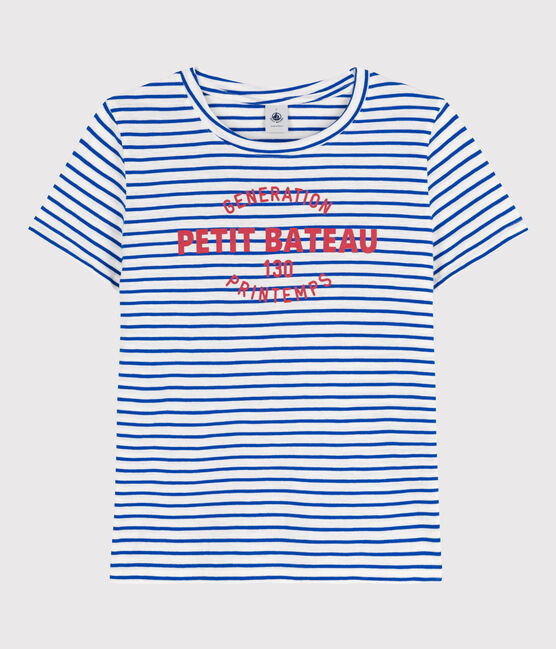 Women's Straight Round-Neck Cotton T-Shirt MARSHMALLOW white/PERSE blue