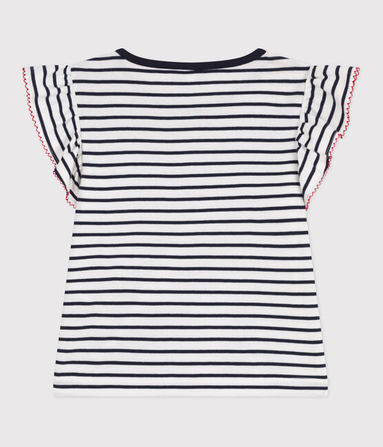 Children's short-sleeved stripy cotton T-shirt MARSHMALLOW white/SMOKING blue