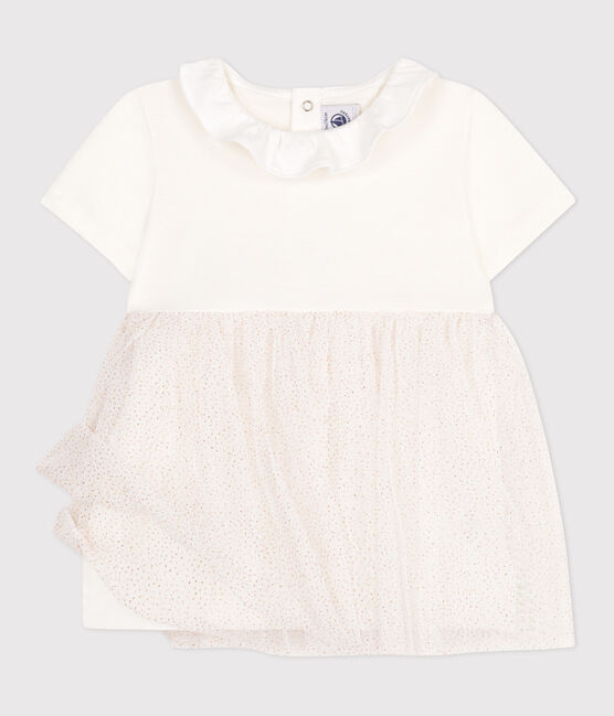 Babies' short-sleeved cotton and tulle dress with a ruff MARSHMALLOW white/COPPER pink