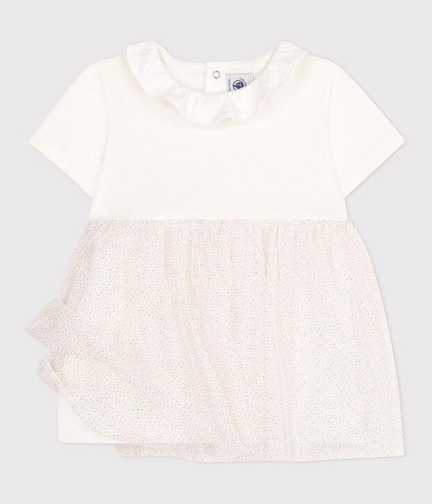 Babies' short-sleeved cotton and tulle dress with a ruff white/pink