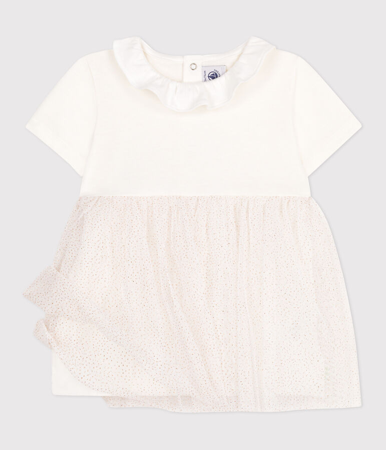 Babies' short-sleeved cotton and tulle dress with a ruff white/pink