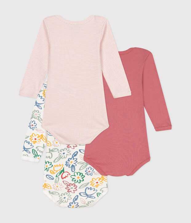 Babies' long-sleeved floral cotton bodysuits - 3-pack multicolor