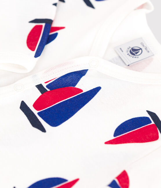 Babies' footless boat pattern cotton pyjamas MARSHMALLOW white/MULTICO white