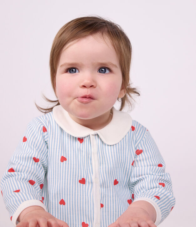 Babies' heart-print cotton pyjama suit with a collar white/multicolor