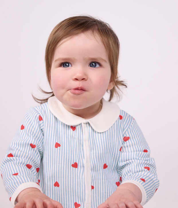 Babies' heart-print cotton pyjama suit with a collar white/multicolor