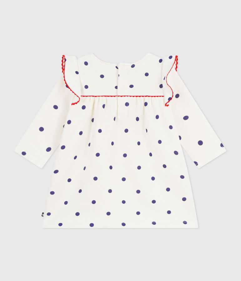 Babies' long sleeved polka dot-print cotton dress Ecru/blue