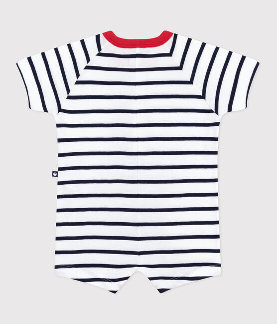 Babies' short-sleeved stripy cotton playsuit with a contrast collar MARSHMALLOW white/SMOKING blue
