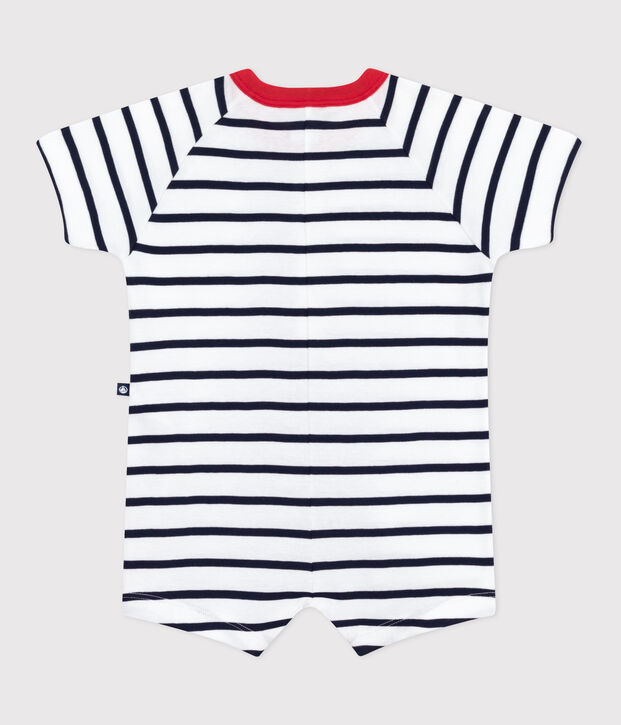 Babies' short-sleeved stripy cotton playsuit with a contrast collar white/blue