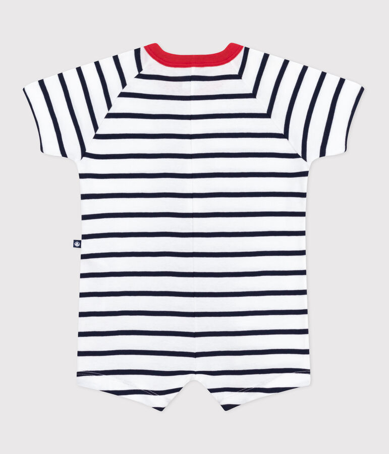Babies' short-sleeved stripy cotton playsuit with a contrast collar white/blue