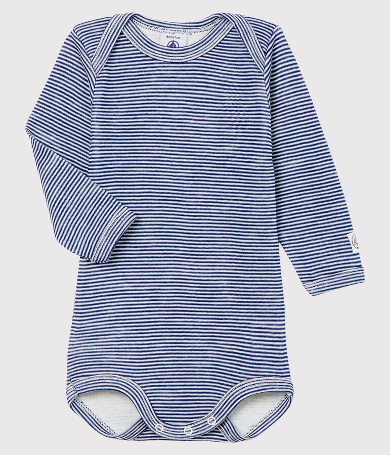 LONG-SLEEVED STRIPED WOOL AND COTTON BABYGROW blue/white