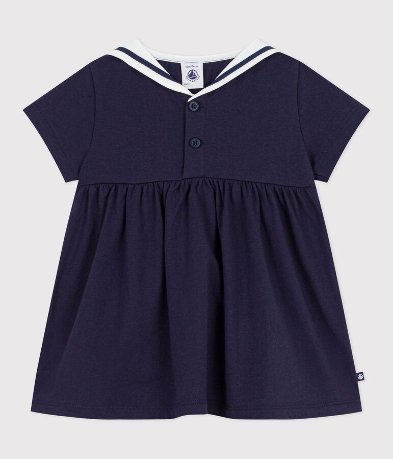 Babies' short-sleeved plain cotton dress with a sailor collar blue
