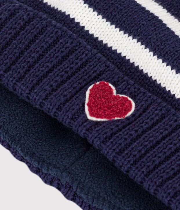 Babies' stripy knitted beanie with a fleece lining blue/ecru