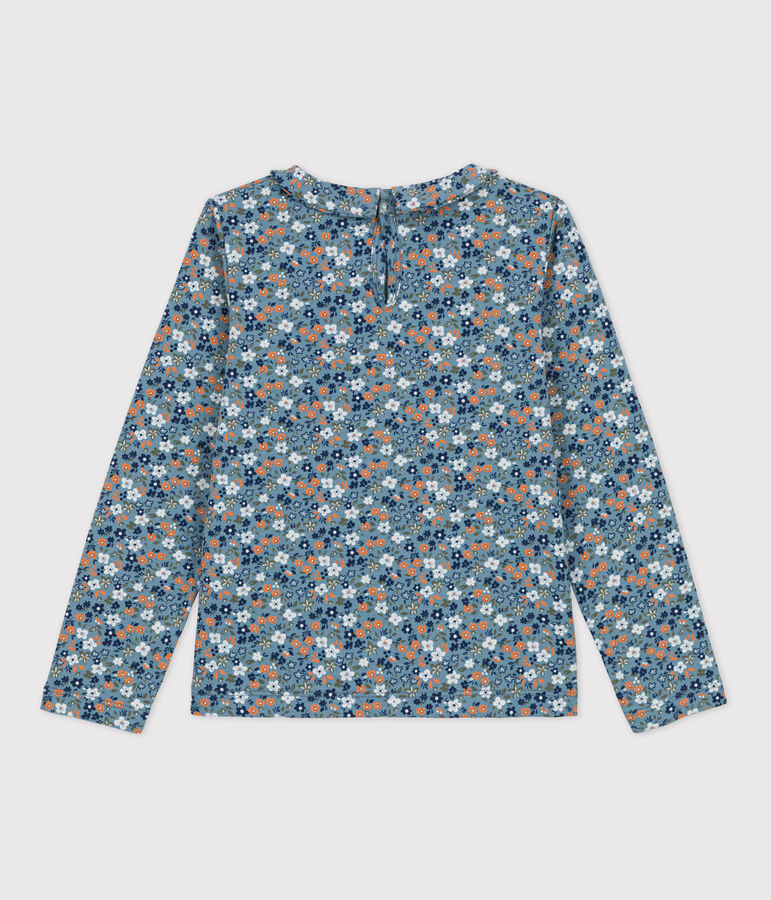 Girls' Long-Sleeved Floral Cotton T-Shirt blue/multicolor