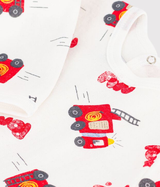 Babies' pyjama suit in tube knit fabric with a printed firefighter design and a back opening white/multicolor