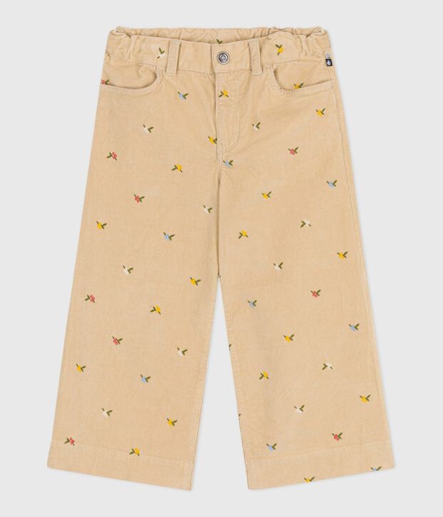 Girls' patterned corduroy trousers beige/multicolor
