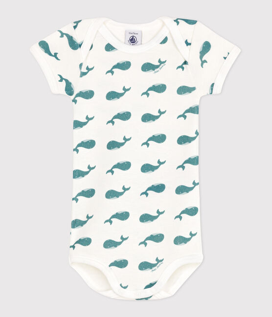 Babies' short-sleeved printed cotton body MARSHMALLOW green/DRAGONFLY