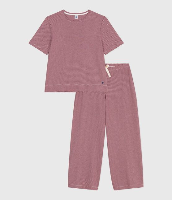 Women's cotton pyjamas with short sleeves and wide stripy legs AMARANTE red/MARSHMALLOW