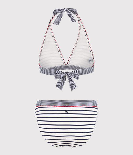 Women's two-piece stripy swimsuit MARSHMALLOW white/MEDIEVAL blue