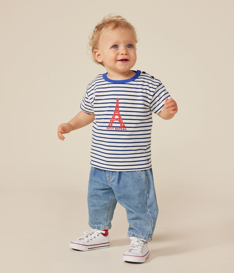 Babies' short-sleeved T-shirt in fine jersey white/blue