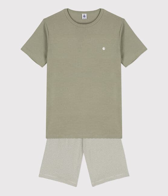 Boys' Pinstriped Short Cotton Pyjamas MARECAGE /MARSHMALLOW