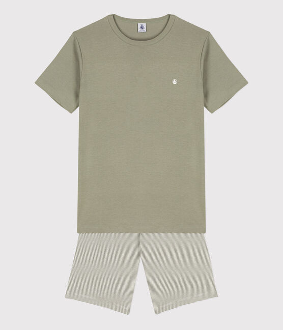 Boys' Pinstriped Short Cotton Pyjamas MARECAGE /MARSHMALLOW