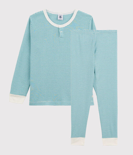 Boys' Stripy Cotton and Lyocell Pyjamas MIROIR blue/MARSHMALLOW white