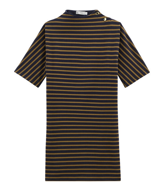 women's short sleeved striped dress in heavyweight jersey SMOKING blue/BRINDILLE brown