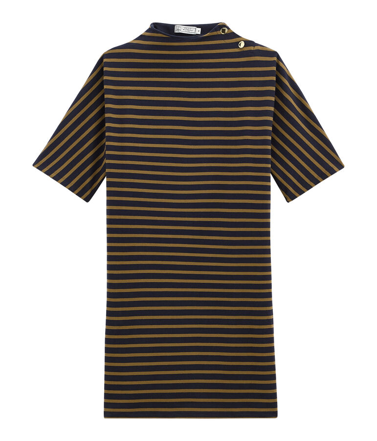 women's short sleeved striped dress in heavyweight jersey blue/brown
