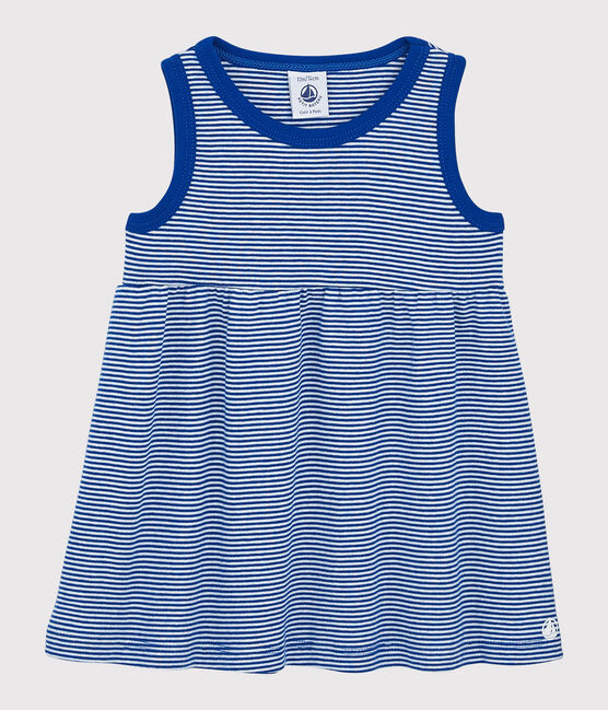 Baby Girls' Sleeveless Stripy Ribbed Dress SURF blue/MARSHMALLOW white