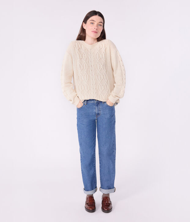 Women's plain cable-knit wool and cotton jumper Ecru