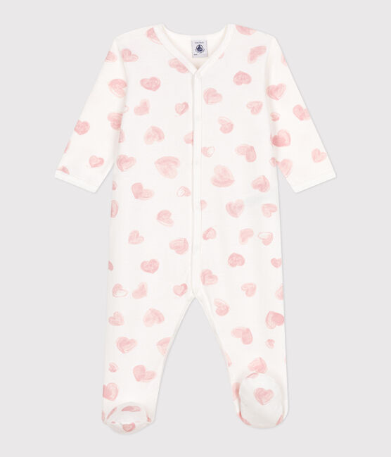 Babies' brushed fleece heart-print pyjamas with a collar MARSHMALLOW white/CHARME pink