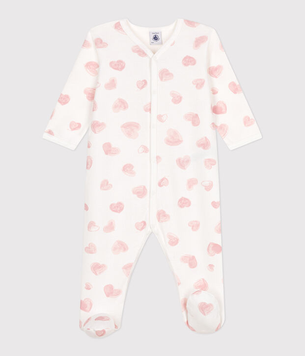Babies' brushed fleece heart-print pyjamas with a collar white/pink