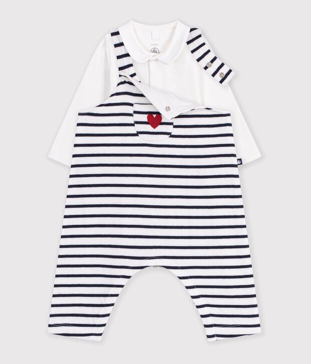 Babies' stripy cotton dungarees and collared body set white/blue