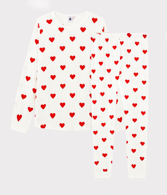 Girls' or Women's Heart Print Ribbed Pyjamas MARSHMALLOW white/TERKUIT red