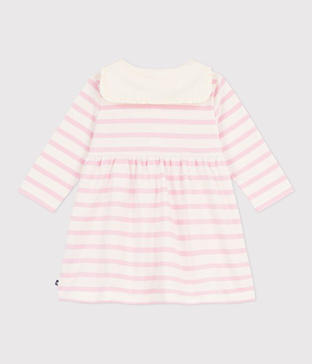 Babies' Breton stripe cotton dress with long sleeves and a sailor collar pink/pink