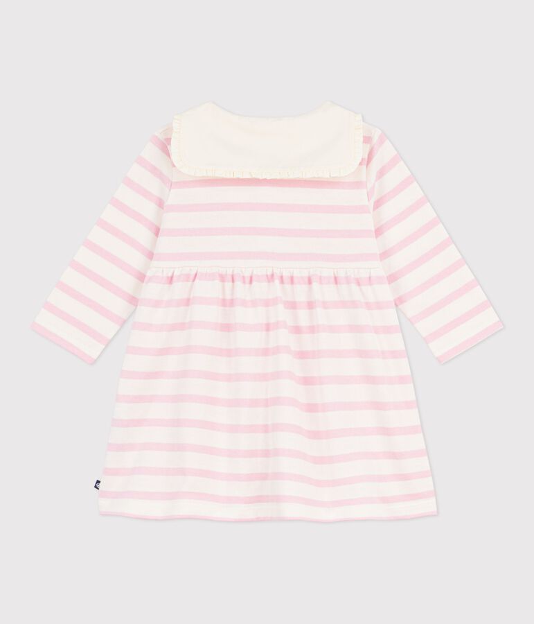Babies' Breton stripe cotton dress with long sleeves and a sailor collar MILK pink/MARQUISE