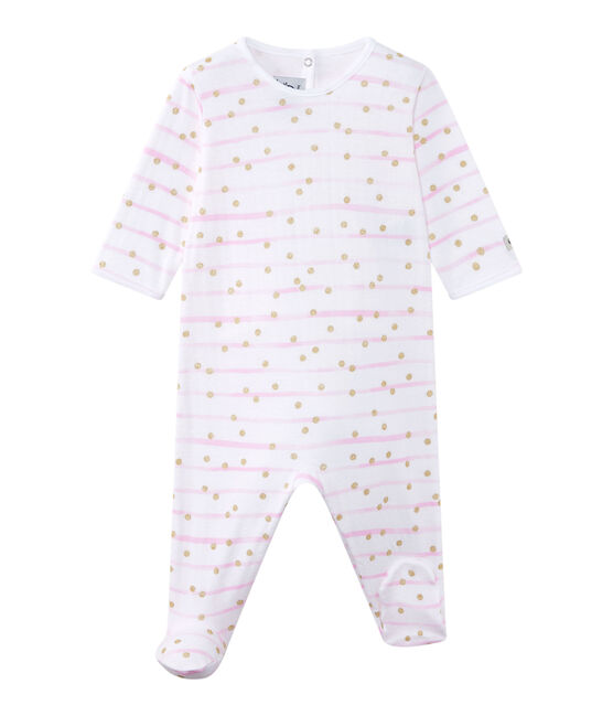 Baby girl's striped double knit sleepsuit ECUME white/ROSE pink/OR