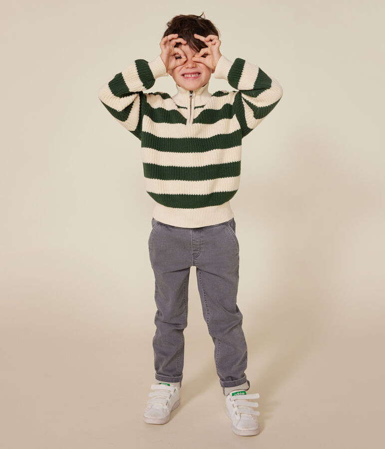 Boy's cotton shawl-neck jumper green/ecru