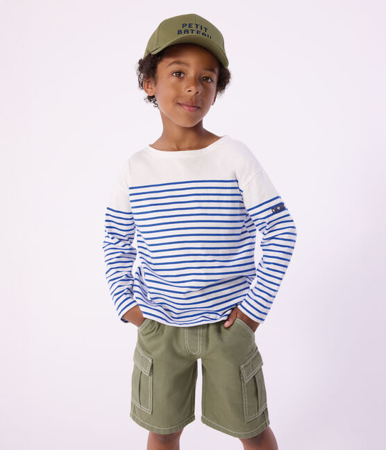Children's stripy cotton Breton top MARSHMALLOW white/PERSE blue