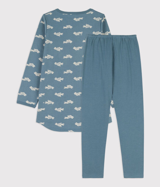 Girls' Bird Patterned Fleece/Cotton Nightdress with Leggings ROVER blue/MARSHMALLOW white