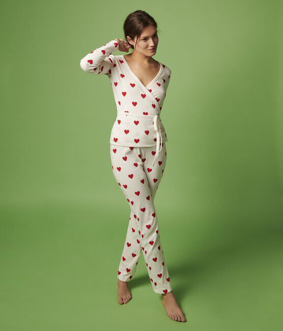 Women's Heart Pattern Homewear Jogging Bottoms. MARSHMALLOW white/TERKUIT red