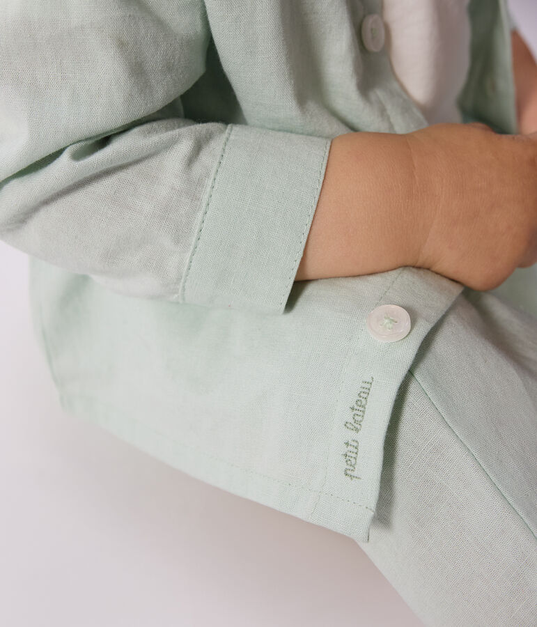 Babies' long-sleeved plain cotton/linen shirt blue