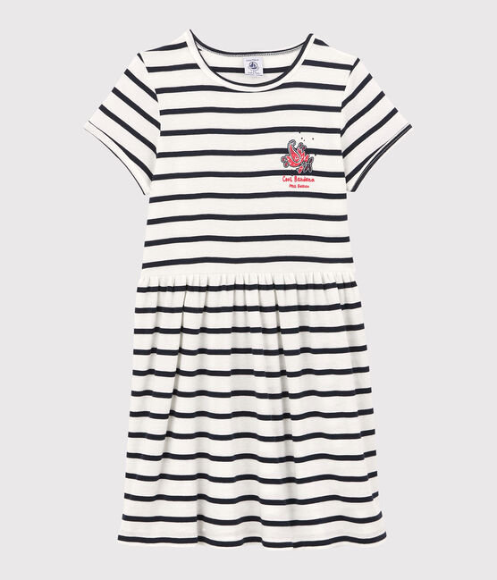 Girls' Short-Sleeved Organic Cotton Dress MARSHMALLOW white/SMOKING blue