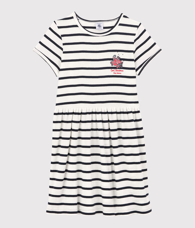 Girls' Short-Sleeved Organic Cotton Dress white/blue