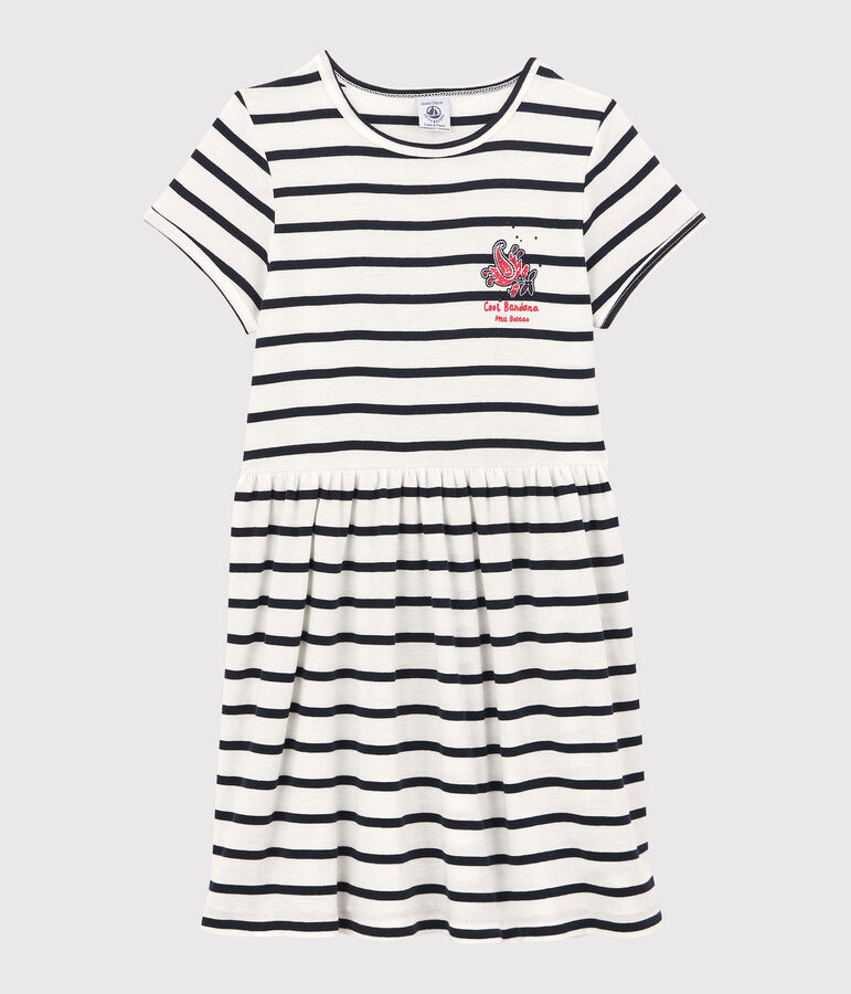 Girls' Short-Sleeved Organic Cotton Dress white/blue