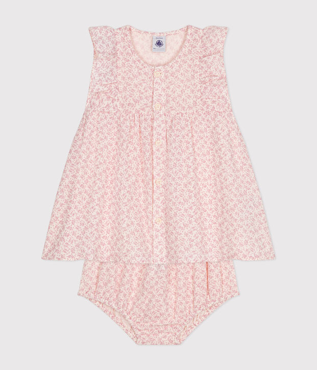 Babies' Cotton Gauze Short-Sleeved Dress and Bloomers Ecru/pink