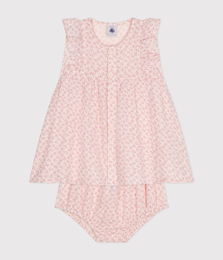 Babies' Cotton Gauze Short-Sleeved Dress and Bloomers Ecru/pink