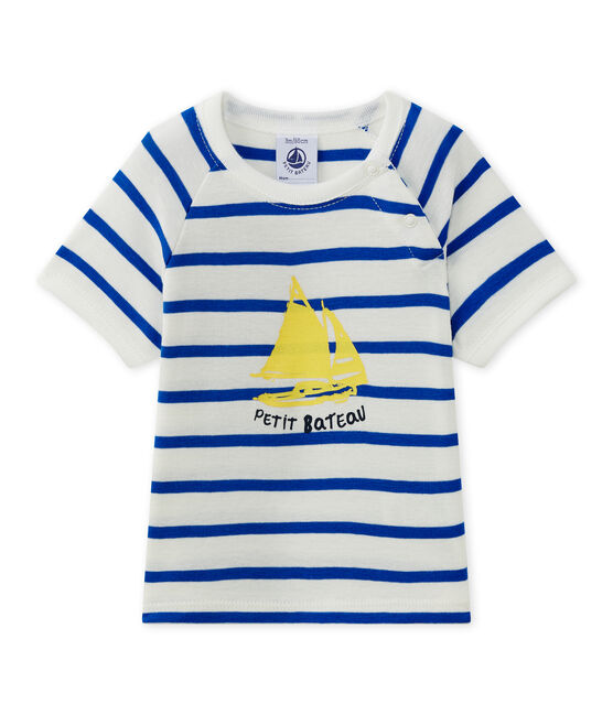 Baby boy's short-sleeved T-shirt MARSHMALLOW white/PERSE blue