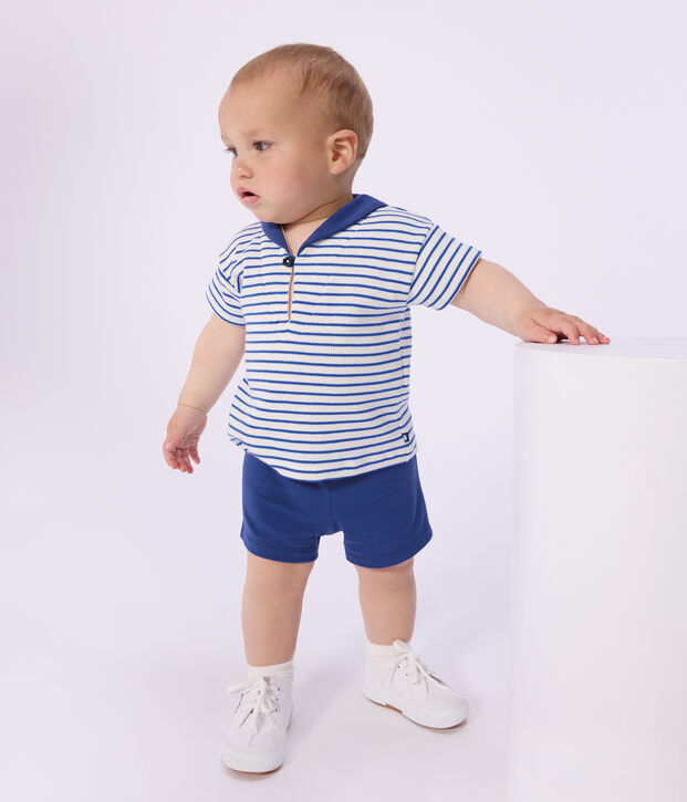 Babies' 2-piece cotton outfit, the T-shirt top has a sailor collar blue/blue