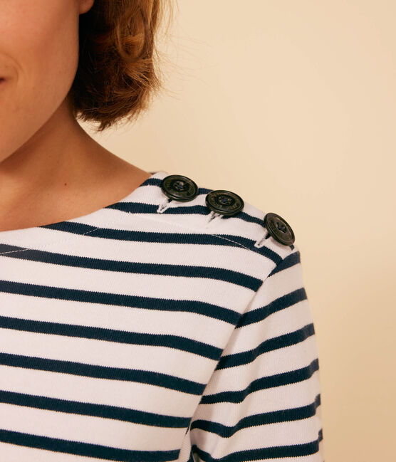 Women's Buttoned Cotton Breton Top MARSHMALLOW white/SMOKING blue